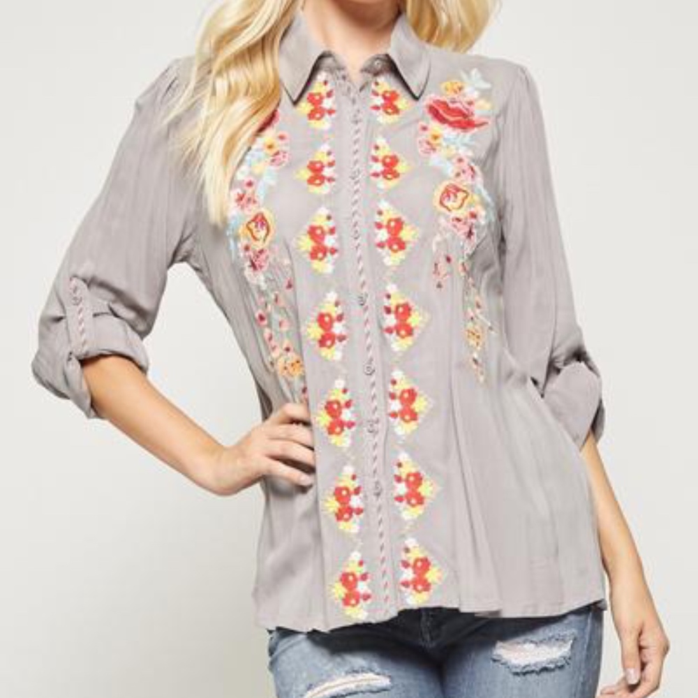 Classic Floral Embroidery Button Up Blouse Plus